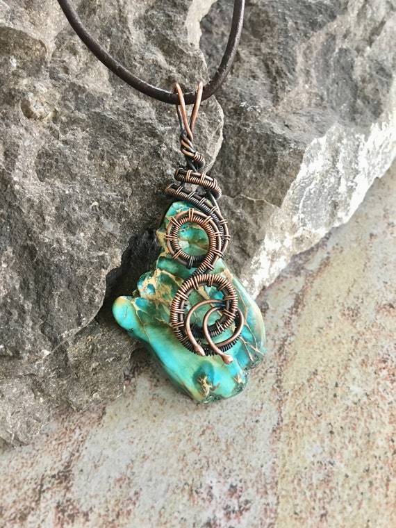 Antiqued Bare Copper Wire Wrapped Pendant Earrings Set with Freeform Turquoise Blue Imperial Jasper