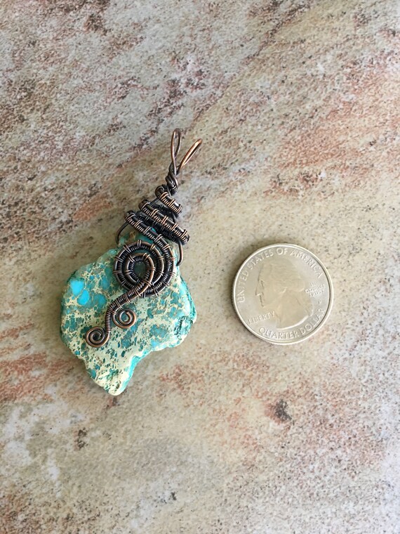 Antiqued Bare Copper Wire Wrapped Pendant Earrings Set with Freeform Turquoise Blue Imperial Jasper