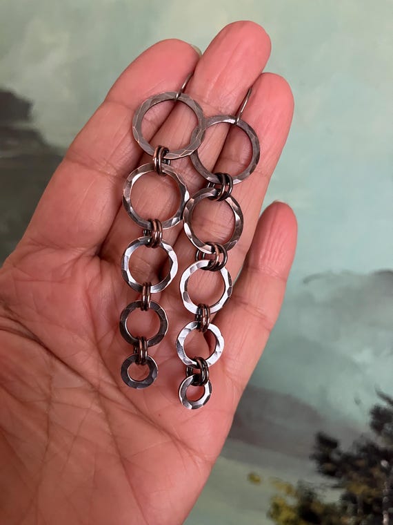 Long Rustic Hammered Copper Dangle Earrings
