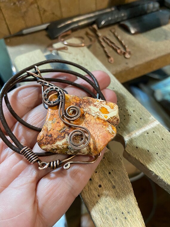 Antiqued Bare Copper Wire Wrapped Orange Imperial Jasper Freeform Pendant