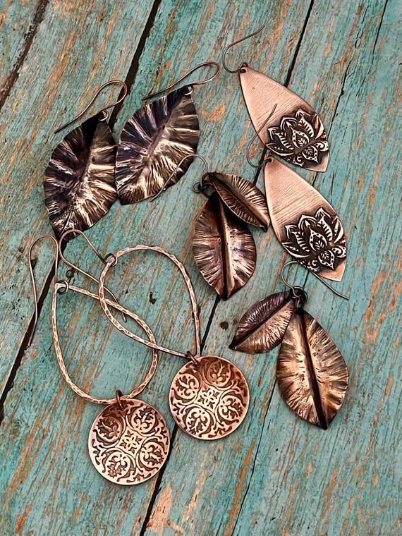Embossed Copper Lotus Teardrop Earrings
