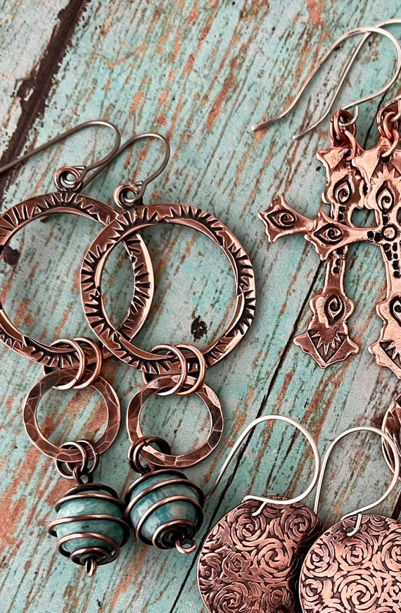 Boho Rustic Hammered Copper Amazonite Three Tiered Dangle Hoop Earrings