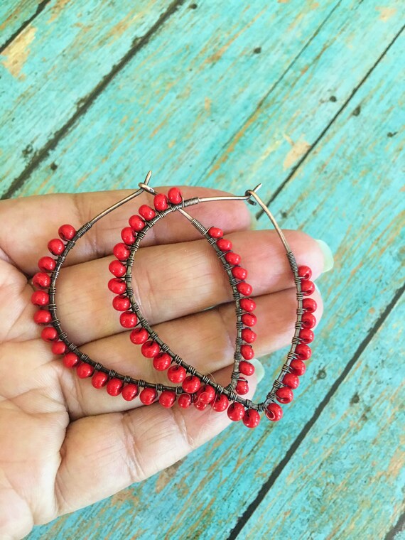 OOAK Boho Petal Hoop Red Beaded Earrings