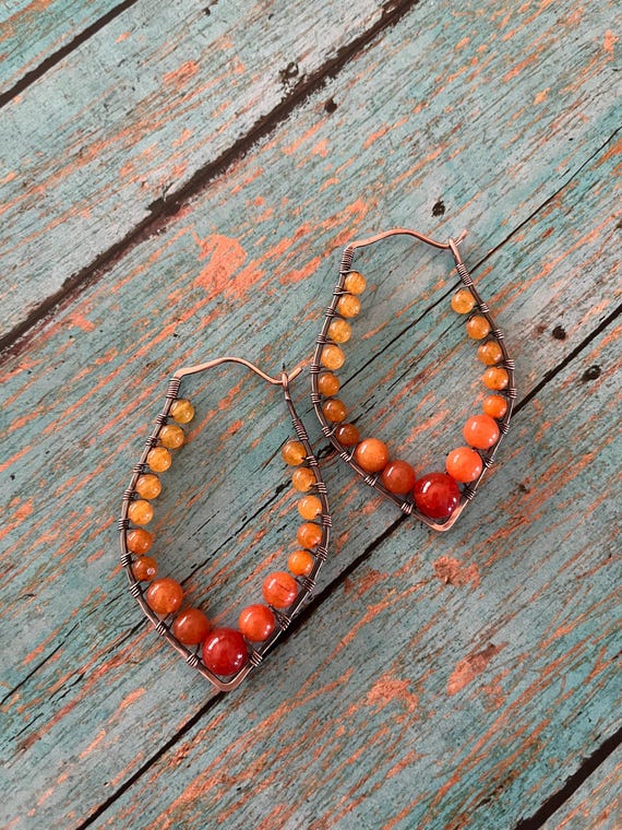 Boho Rustic Hammered Copper Agate Three Tiered Dangle Hoop Earrings