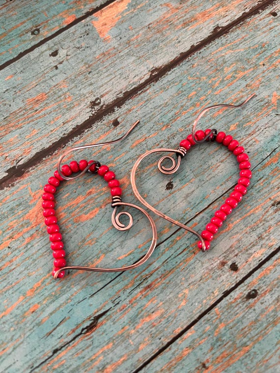 Red Beaded Heart Copper Hoop Earrings