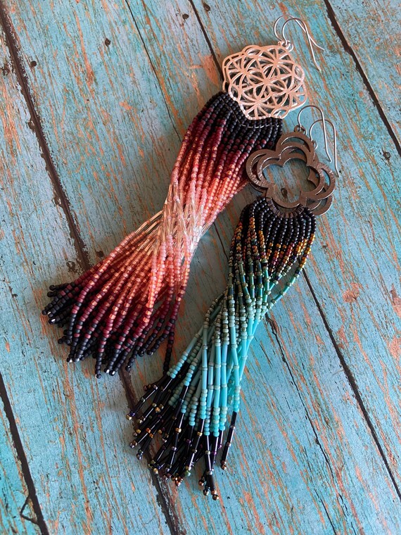 Long Bohemian Seed Beaded Fringe Lightweight Multicolored Shoulder Dusters Native American Inspired Gypsy Boho Hippie Chic Beaded Earrings