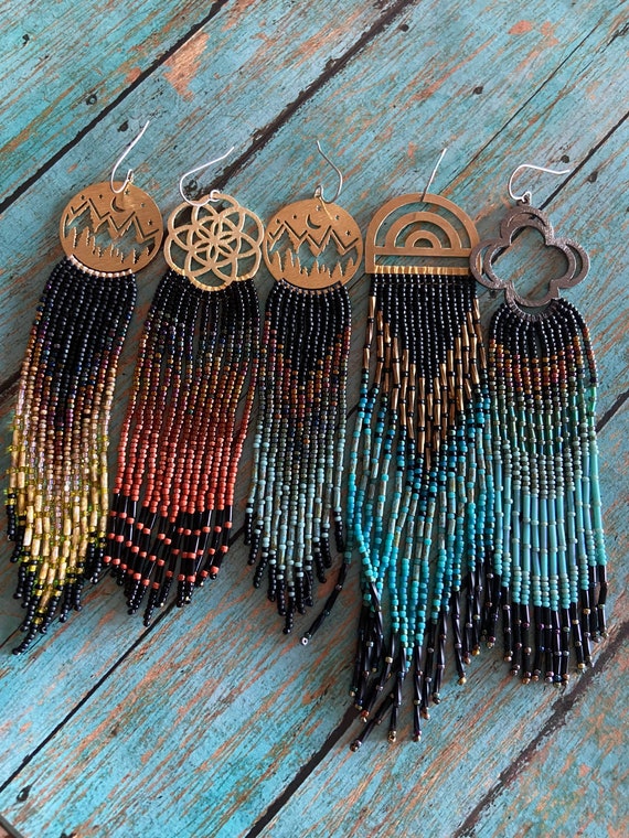 Long Bohemian Seed Beaded Fringe Lightweight Multicolored Shoulder Dusters Native American Inspired Gypsy Boho Hippie Chic Beaded Earrings