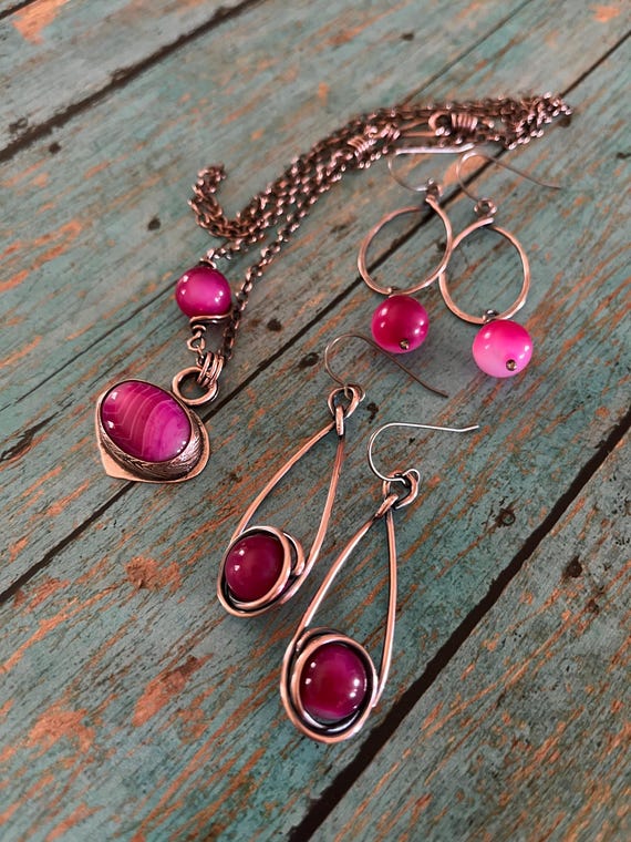 Pink Banded Agate Copper Set