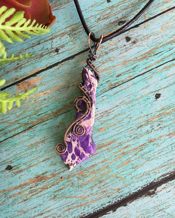Antiqued Copper Wire Wrapped Pendant with multi-colored Purple Imperial Jasper Freeform Bead