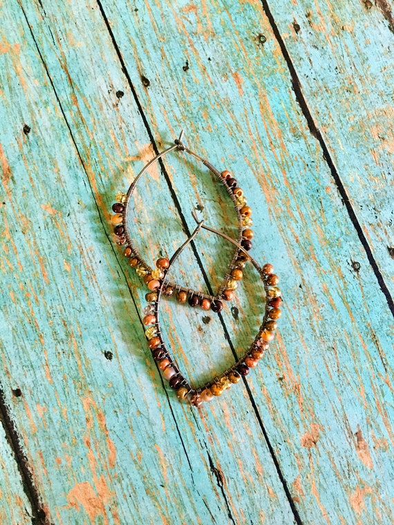 OOAK Boho Petal Hoop Earth Tone Beaded Earrings