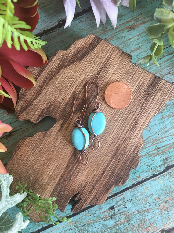 OOAK Antiqued Bare Copper Wire Wrapped Pendant Earrings Set with Turquoise Blue Howlite