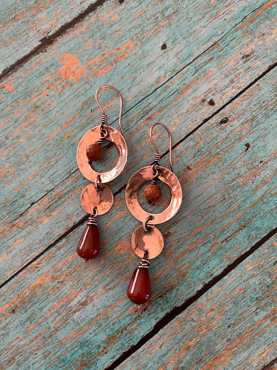 Boho Rustic Hammered Copper Agate Three Tiered Dangle Hoop Earrings