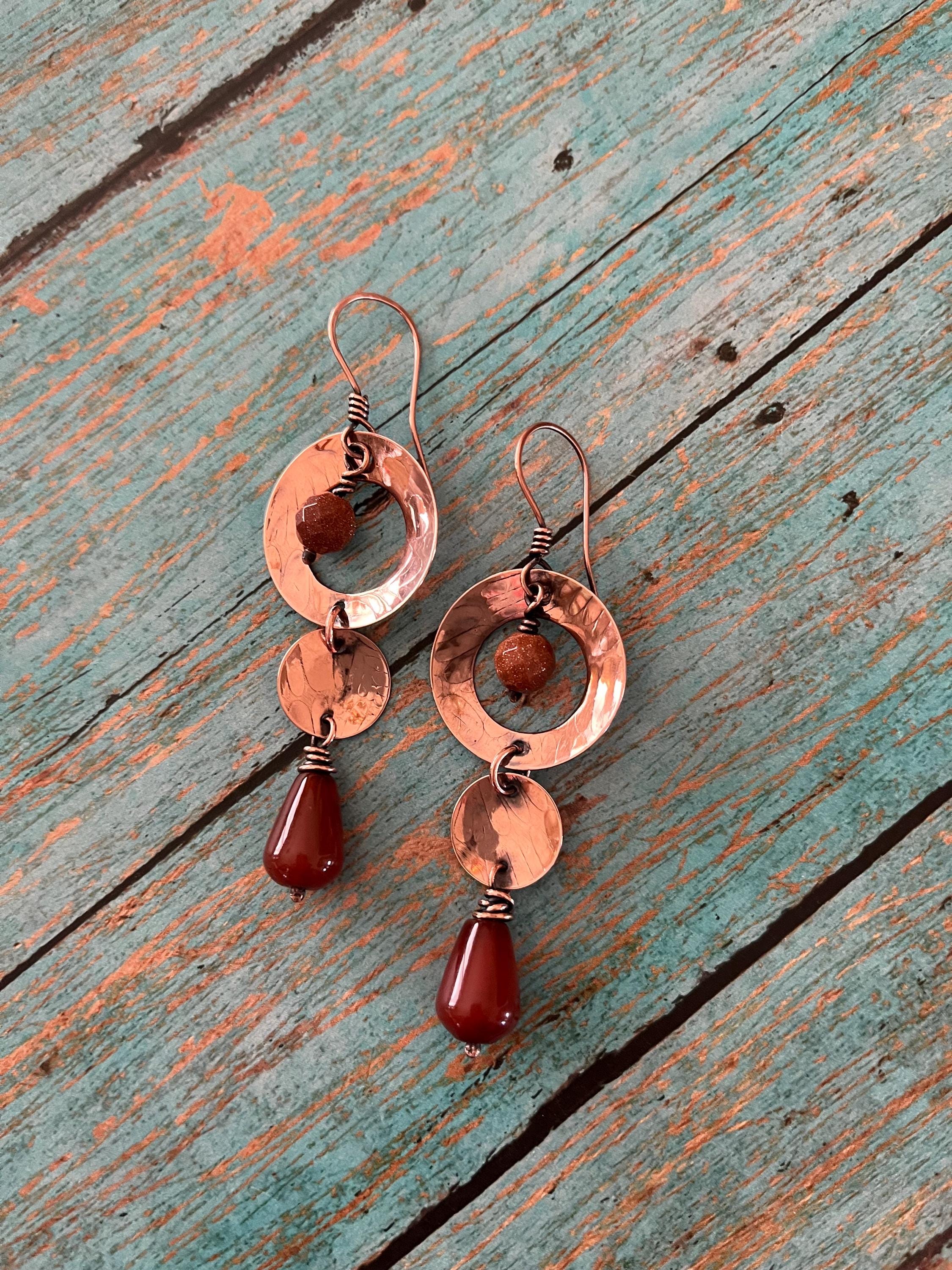 Boho Rustic Hammered Copper Agate Three Tiered Dangle Hoop Earrings