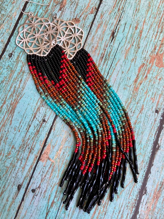 Long Bohemian Fringe Lightweight Ombre Shoulder Dusters Native American Inspired Gypsy Boho Hippie Chic Beaded Earrings