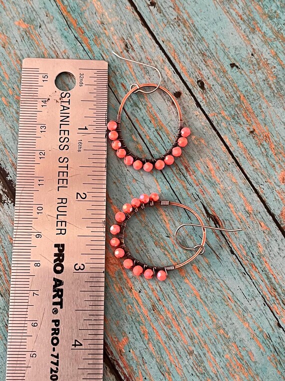 Orange Oval Beaded Wire Wrapped Copper Hoop Earrings