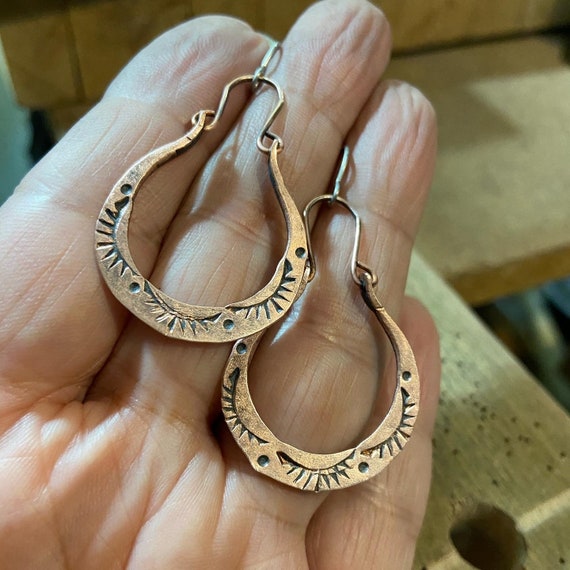 Oval Stamped Dangle Copper Hoops