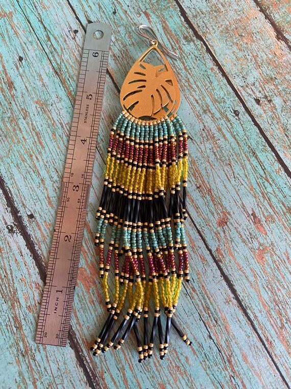 Long Bohemian Seed Beaded Fringe Lightweight Multicolored Shoulder Dusters Native American Inspired Gypsy Boho Hippie Chic Beaded Earrings
