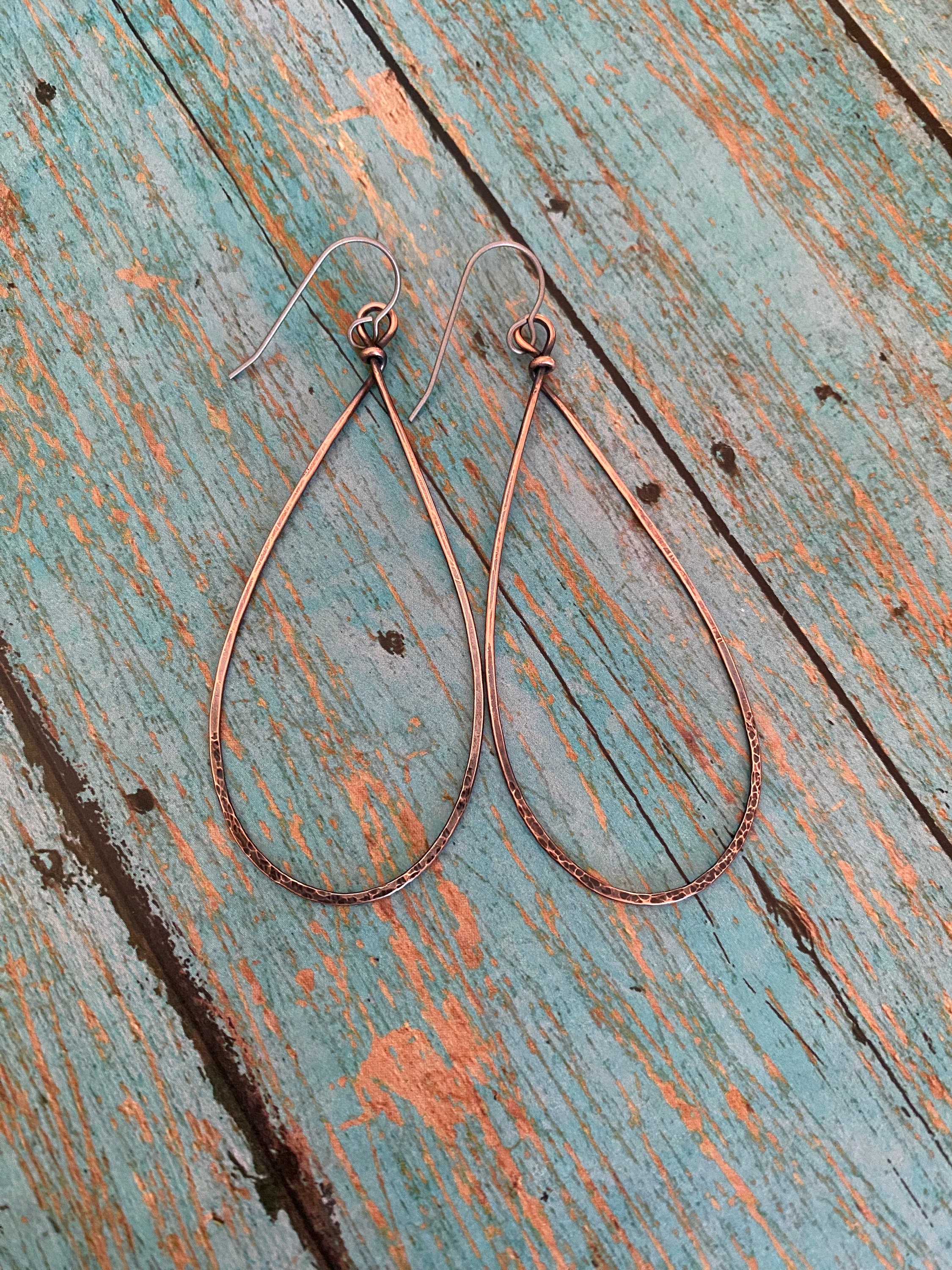 Lightweight Long Teardrop Copper Hoop Earrings