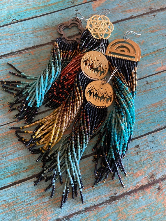 Long Bohemian Seed Beaded Fringe Lightweight Multicolored Shoulder Dusters Native American Inspired Gypsy Boho Hippie Chic Beaded Earrings