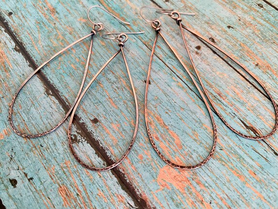 Lightweight Long Teardrop Copper Hoop Earrings