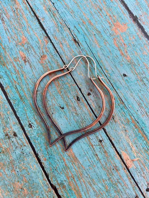 Medium Large Copper Lotus Petal Hoop Earrings