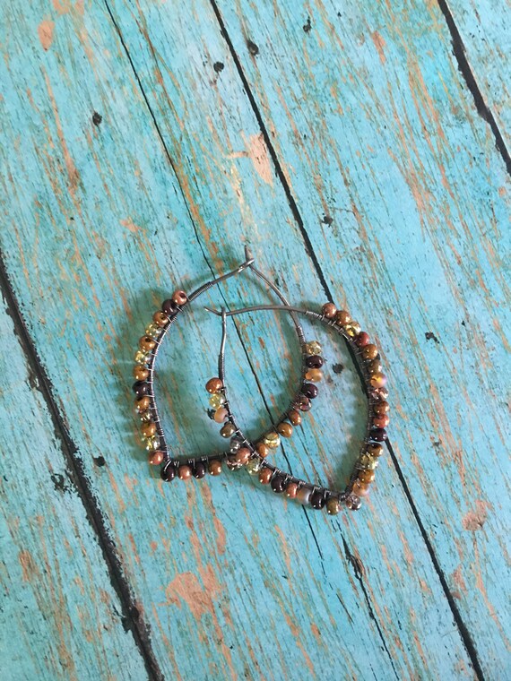 OOAK Boho Petal Hoop Earth Tone Beaded Earrings