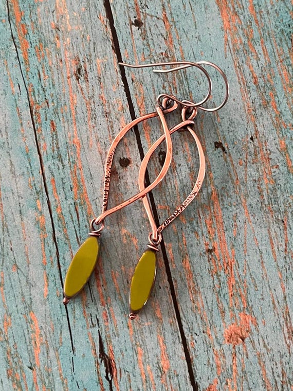 Olive Green Long Copper Earrings