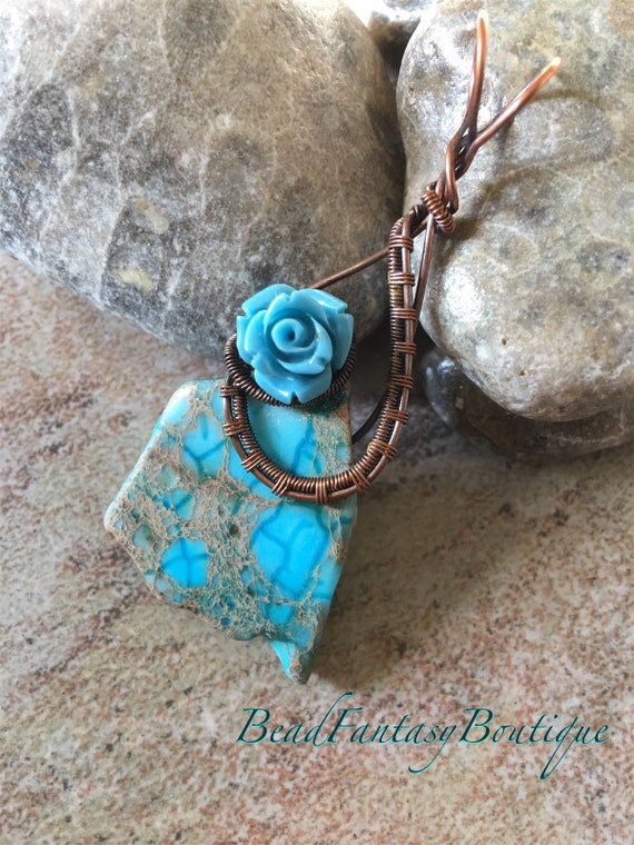 OOAK Antiqued Bare Copper Wire Wrapped Pendant with Freeform Turquoise Blue Imperial Jasper