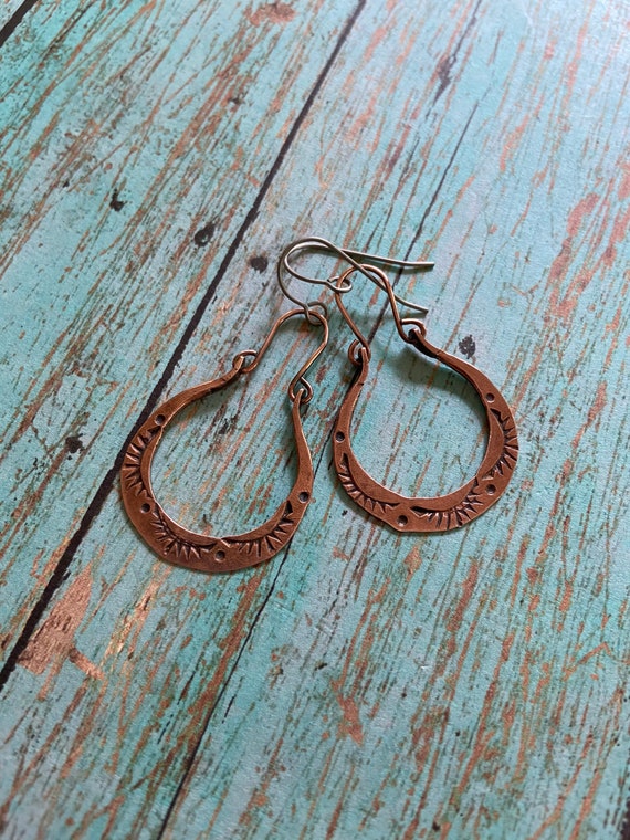 Oval Stamped Dangle Copper Hoops