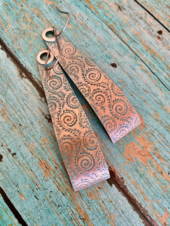 Long Rustic Copper Earrings