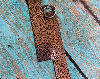 Long Rustic Textured Copper Earrings|Lightweight Handmade Metalwork Antiqued Copper Artisan Earrings|Boho, Hippie Earrings