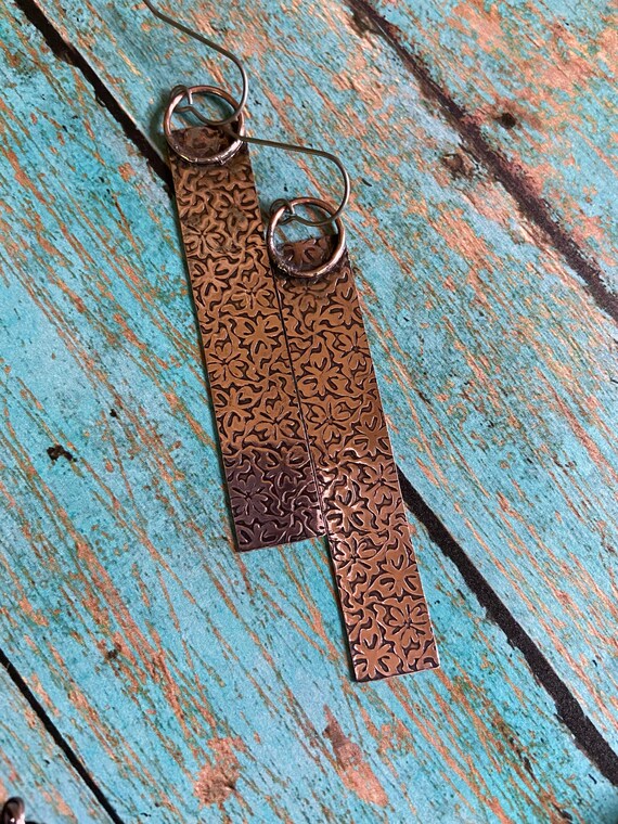 Long Rustic Textured Copper Earrings