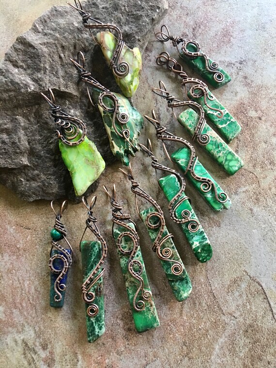 OOAK Antiqued Bare Copper Wire Wrapped Pendant with Freeform Turquoise Blue Imperial Jasper