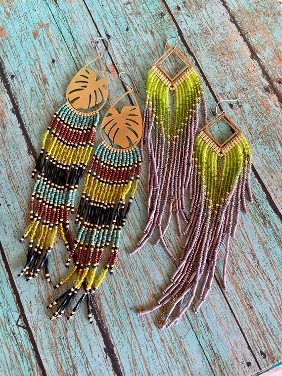 Long Bohemian Seed Beaded Fringe Lightweight Multicolored Shoulder Dusters Native American Inspired Gypsy Boho Hippie Chic Beaded Earrings