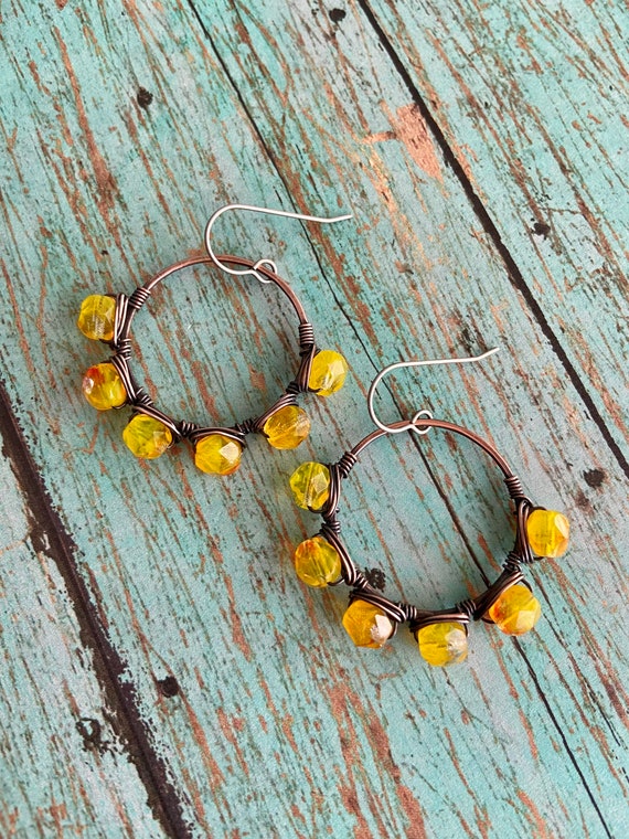 OOAK Beaded Wire Wrapped Copper Hoop Earrings