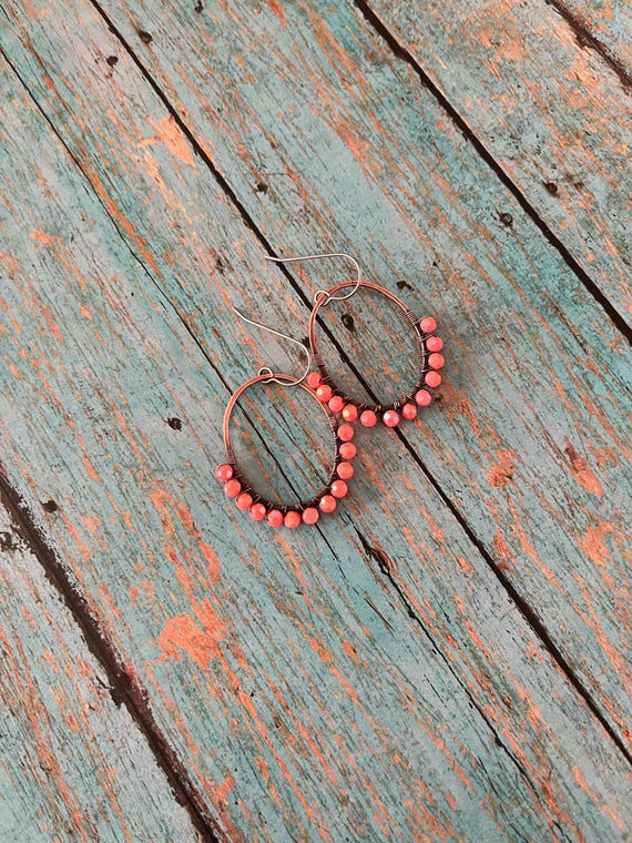 Orange Oval Beaded Wire Wrapped Copper Hoop Earrings