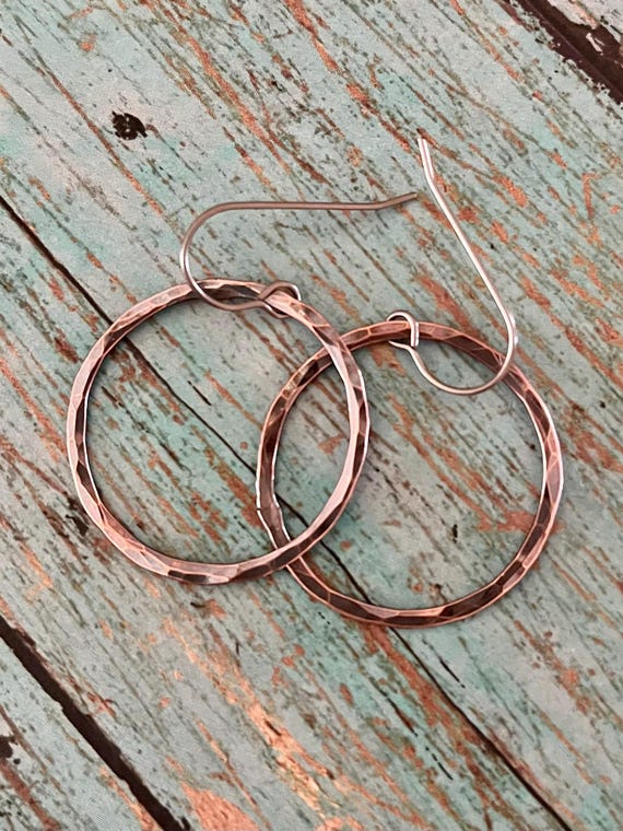 Lightweight Hammered Small Round Copper Hoop Earrings