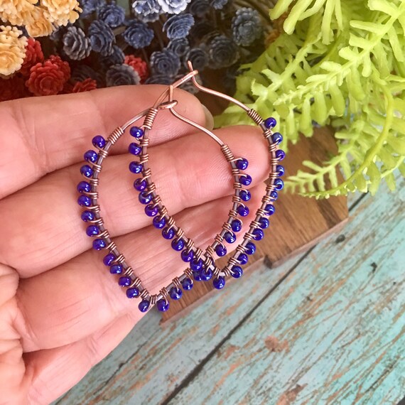 Boho Blue Beaded Petal Hoop Earrings
