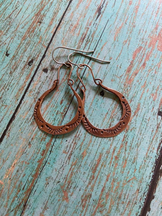 Oval Stamped Dangle Copper Hoops