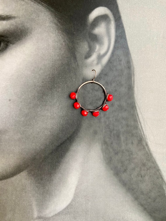 OOAK Red Beaded Wire Wrapped Copper Hoop Earrings