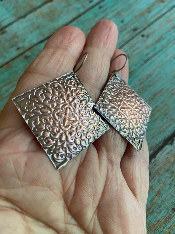 Antiqued Copper Square Embossed Earrings