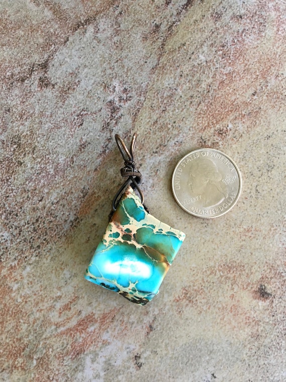 Antiqued Bare Copper Wire Wrapped Pendant Earrings Set with Freeform Turquoise Blue Imperial Jasper