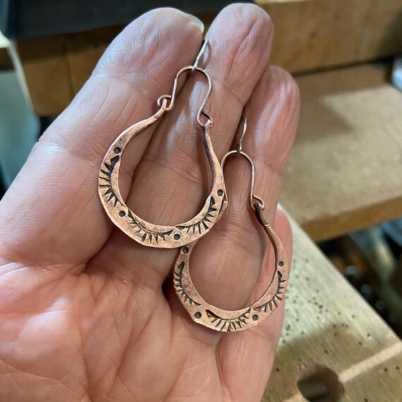 Oval Stamped Dangle Copper Hoops