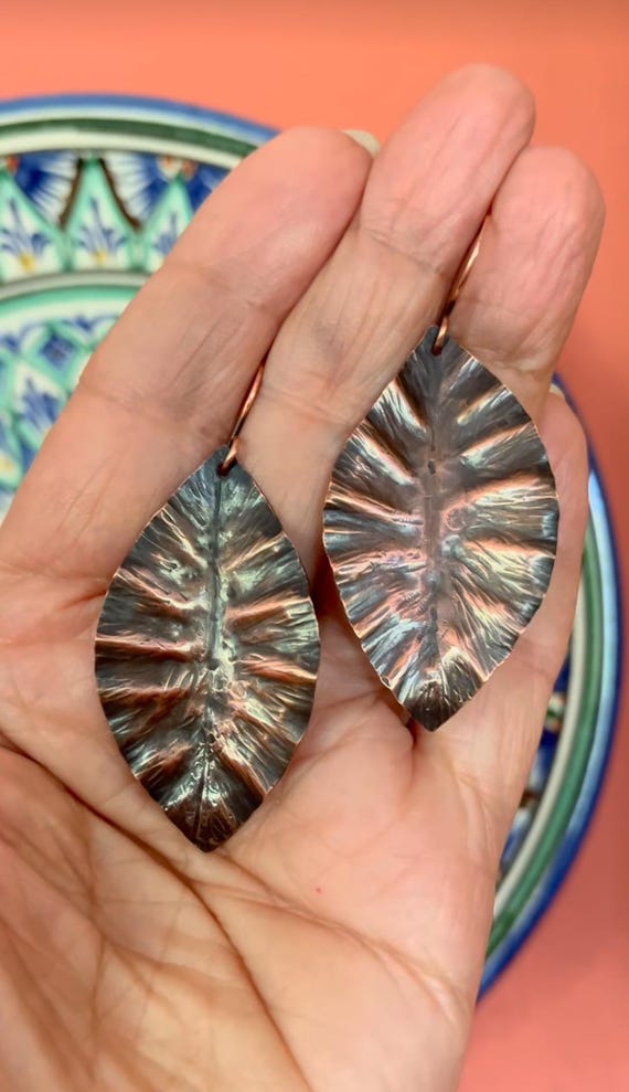 Rustic FoldFormed Copper Leaf Earrings