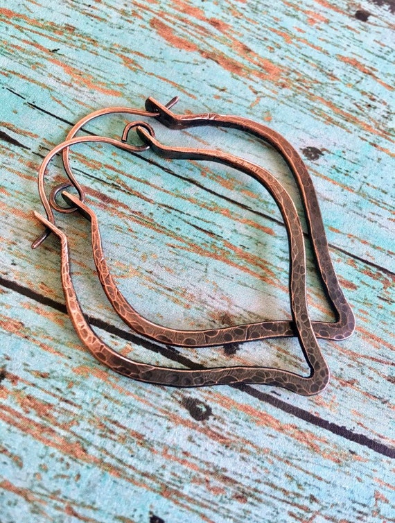 Oval Stamped Dangle Copper Hoops