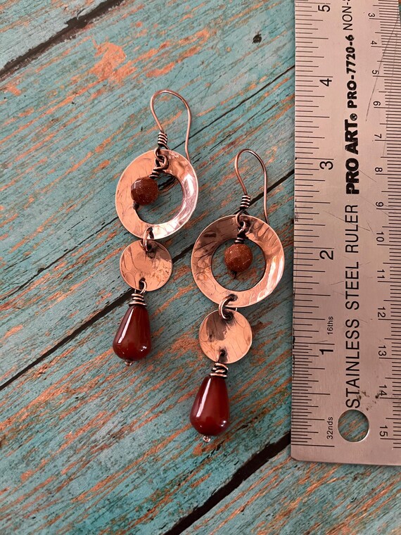 Boho Rustic Hammered Copper Agate Three Tiered Dangle Hoop Earrings