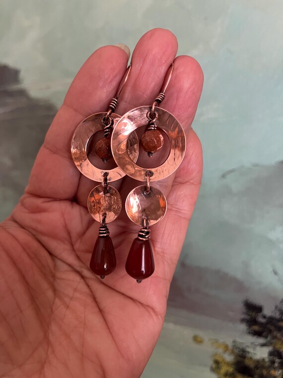 Boho Rustic Hammered Copper Agate Three Tiered Dangle Hoop Earrings