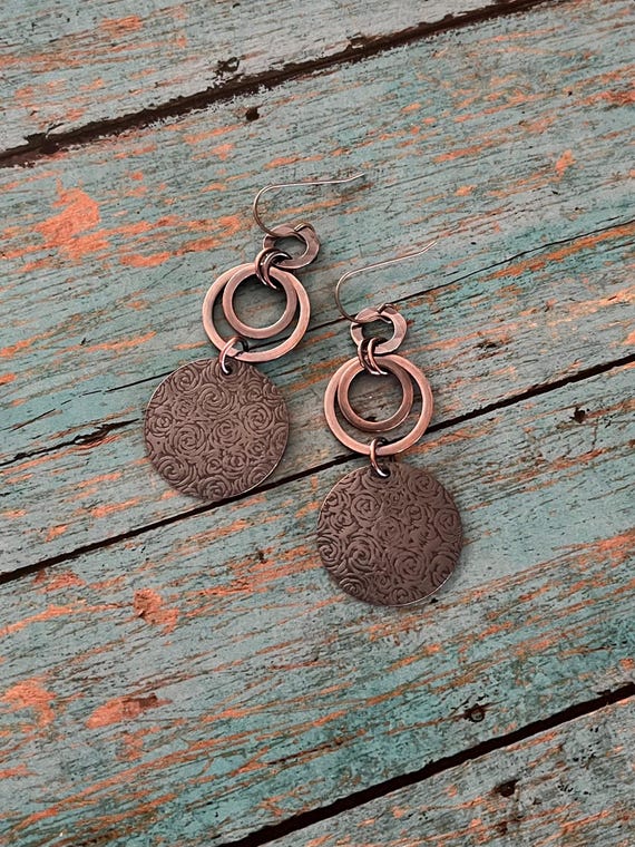 Rustic Hammered Floral Copper Dangle Earrings