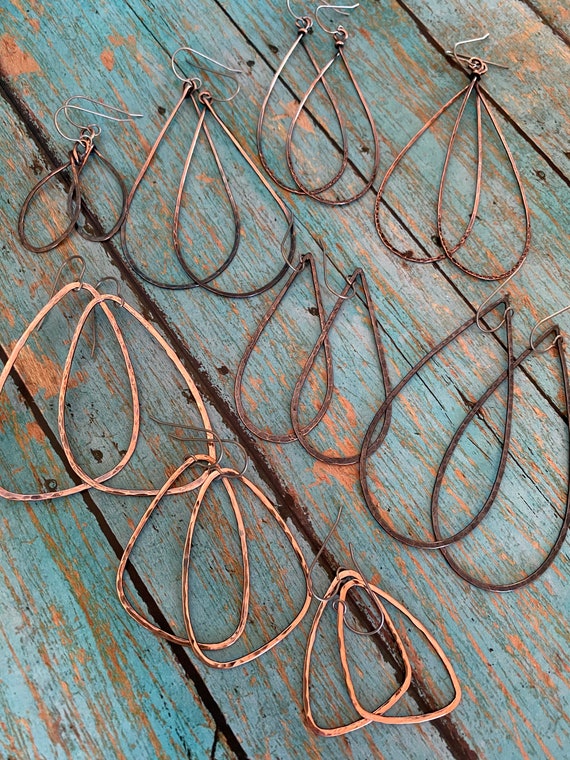 Lightweight Hammered Marquise Copper Hoop Earrings