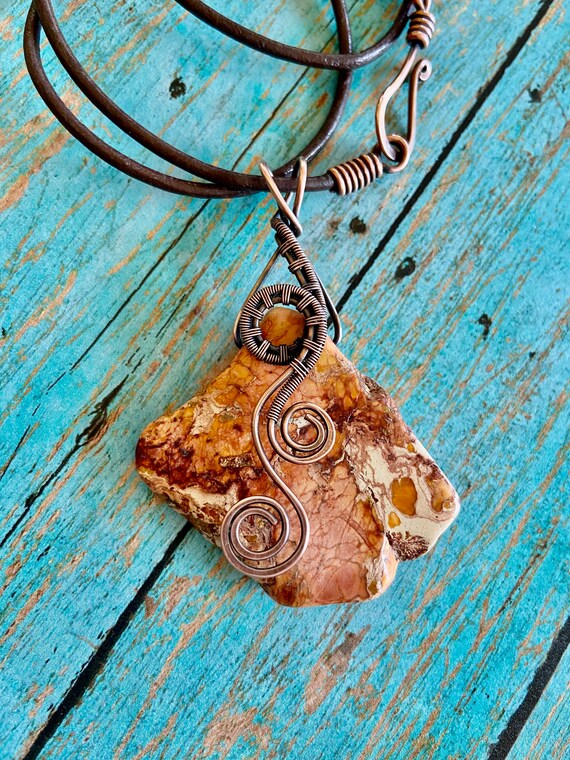 Antiqued Bare Copper Wire Wrapped Orange Imperial Jasper Freeform Pendant